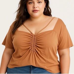 Willow Young Contemporary Blouse 2X Coffee Ruched Front Strappy Short Sleeve Top